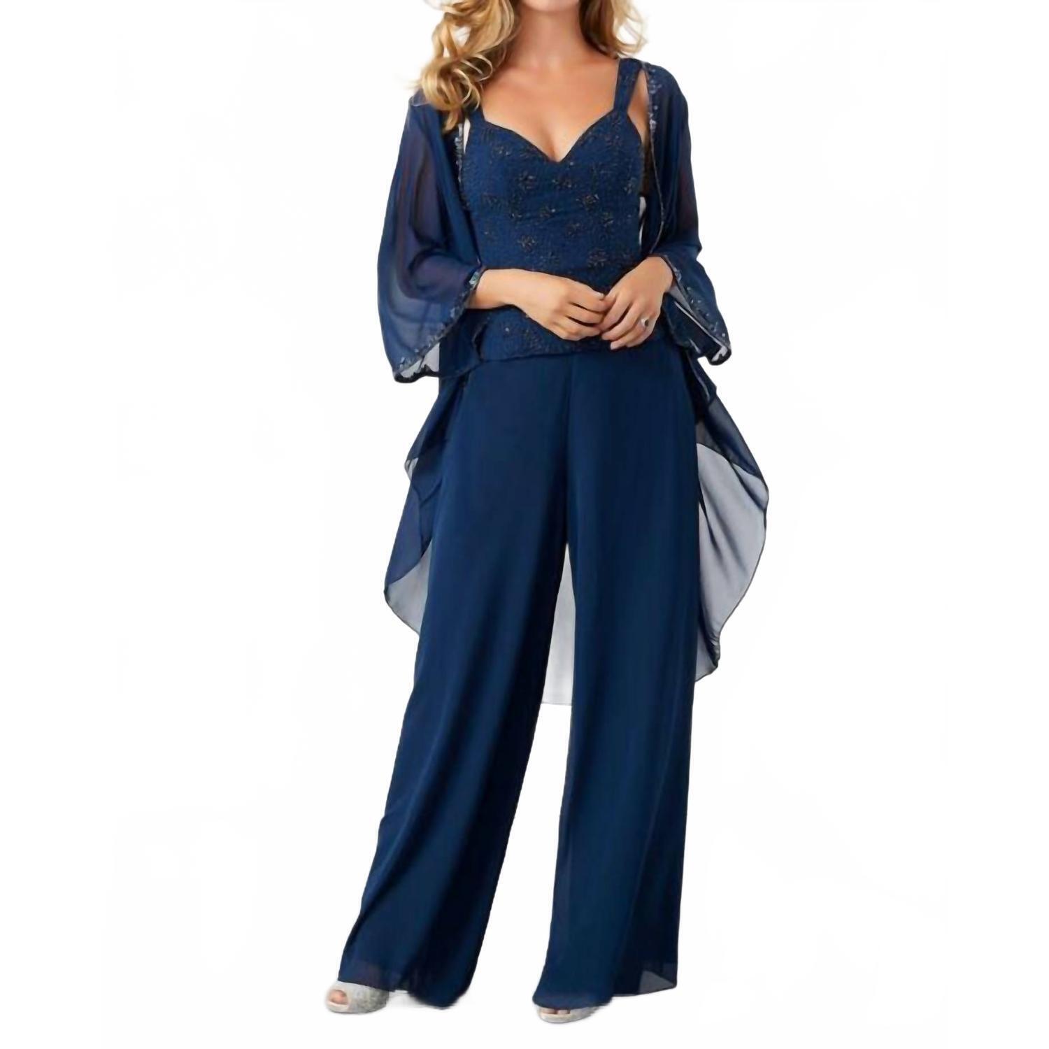 New Morilee 3 Piece Set Beaded Chiffon Pant Suit In Navy